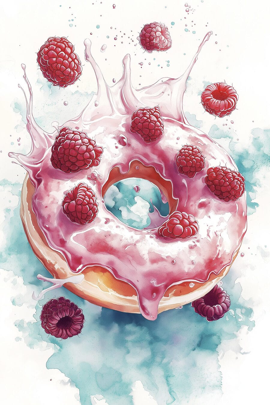 Schilderij van een donut met frambozen en melkspetters Schilderij van een donut met frambozen en melkspetters