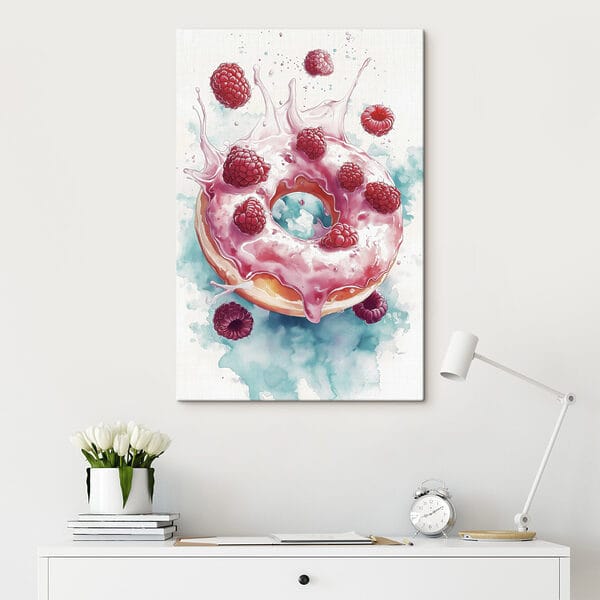 Schilderij van een donut met frambozen en melkspetters Schilderij van een donut met frambozen en melkspetters