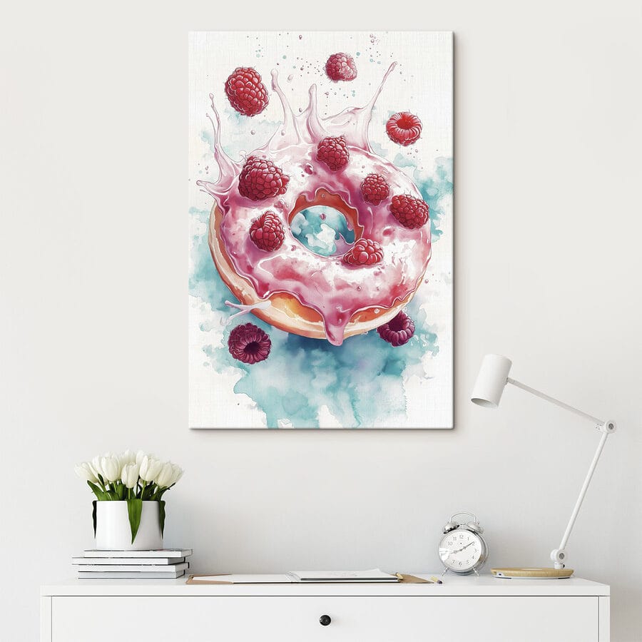 Schilderij van een donut met frambozen en melkspetters Schilderij van een donut met frambozen en melkspetters