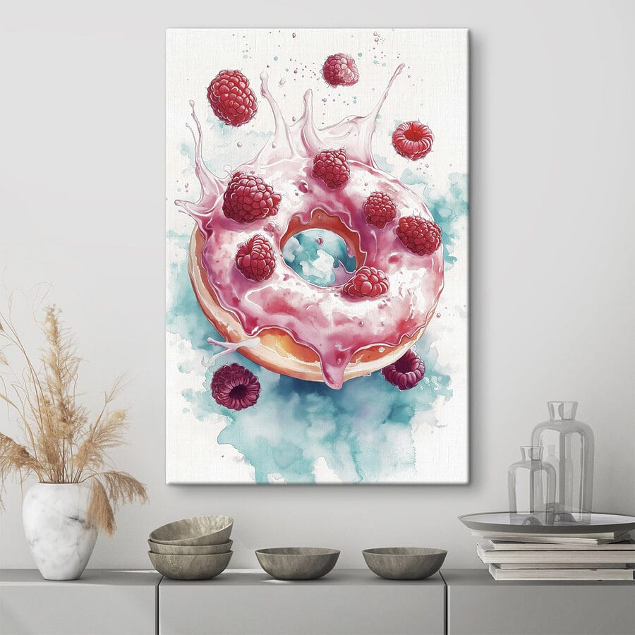 Schilderij van een donut met frambozen en melkspetters Schilderij van een donut met frambozen en melkspetters