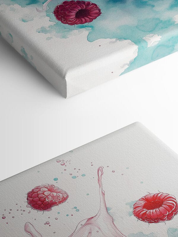 Schilderij van een donut met frambozen en melkspetters Schilderij van een donut met frambozen en melkspetters