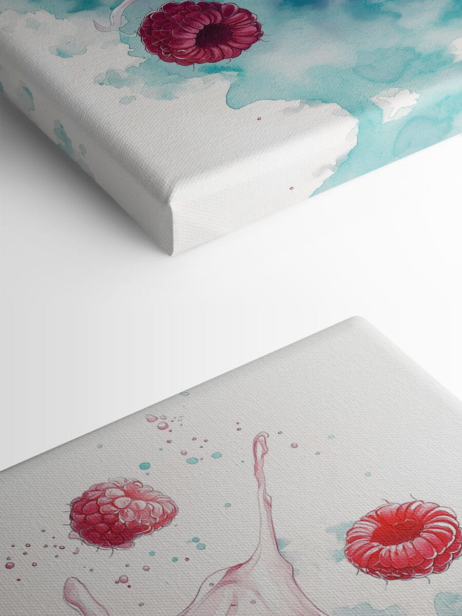 Schilderij van een donut met frambozen en melkspetters Schilderij van een donut met frambozen en melkspetters
