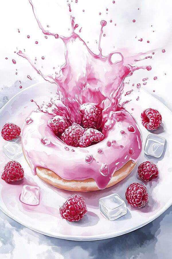 Donut met roze glazuur en frambozen die op een wit bord spatten Donut met roze glazuur en frambozen die op een wit bord spatten