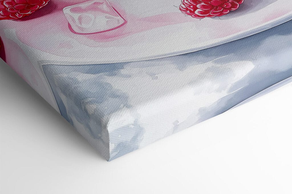 Donut with pink frosting and raspberries splashing into a white plate