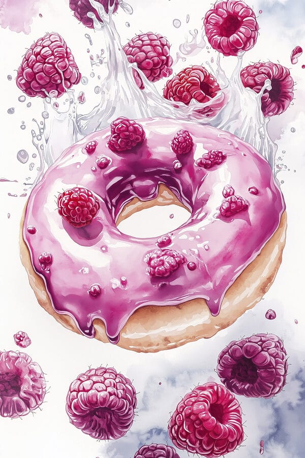 Schilderij van een donut met frambozen Schilderij van een donut met frambozen