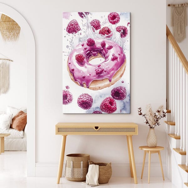 Schilderij van een donut met frambozen Schilderij van een donut met frambozen