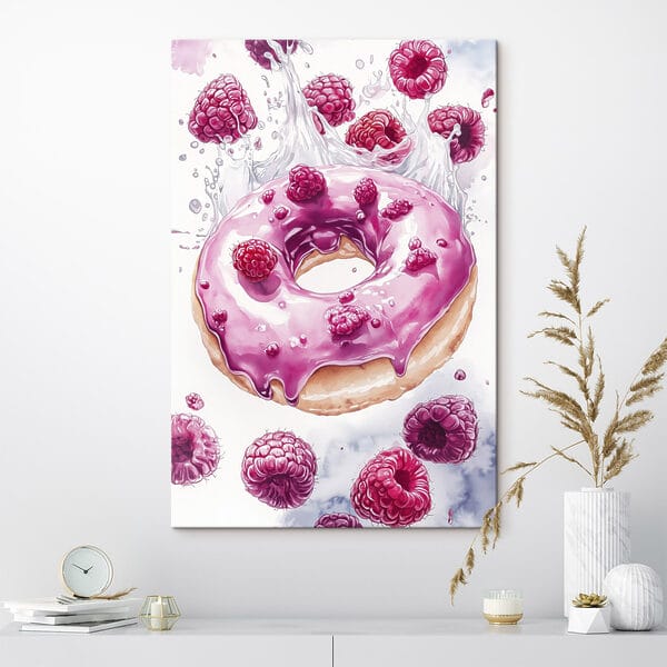 Schilderij van een donut met frambozen Schilderij van een donut met frambozen