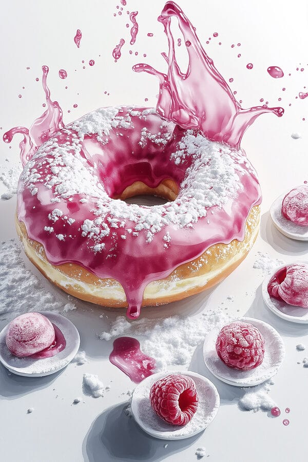 Donut met roze glazuur en poedersuiker Donut met roze glazuur en poedersuiker