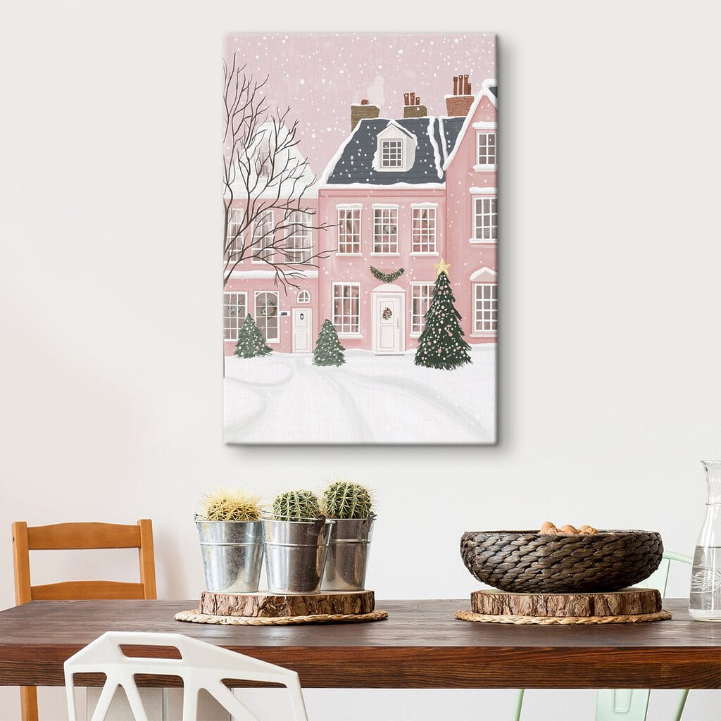 Pink house with trees and snow