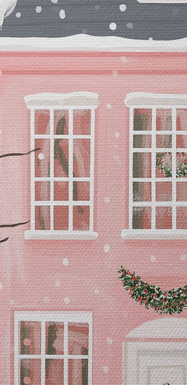Roze huis met bomen en sneeuw Roze huis met bomen en sneeuw