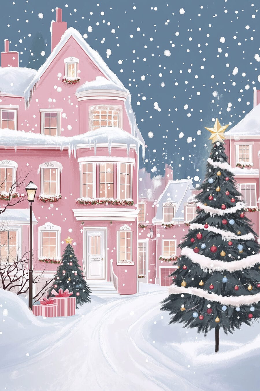 Kerstboom voor een roze huis
