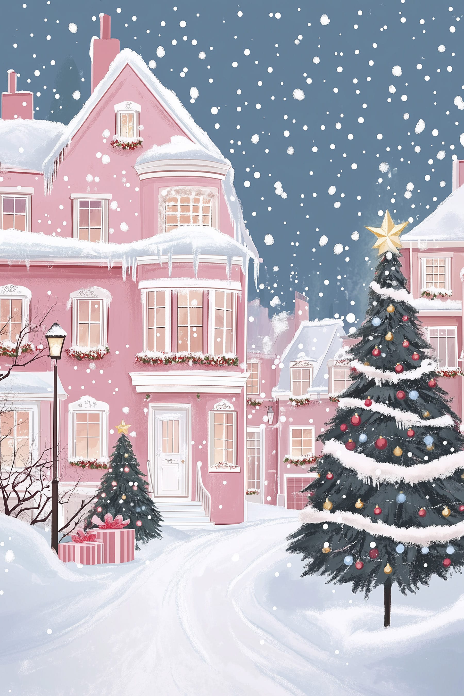Christmas tree in front of a pink house