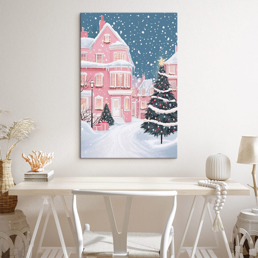 Christmas tree in front of a pink house Christmas tree in front of a pink house