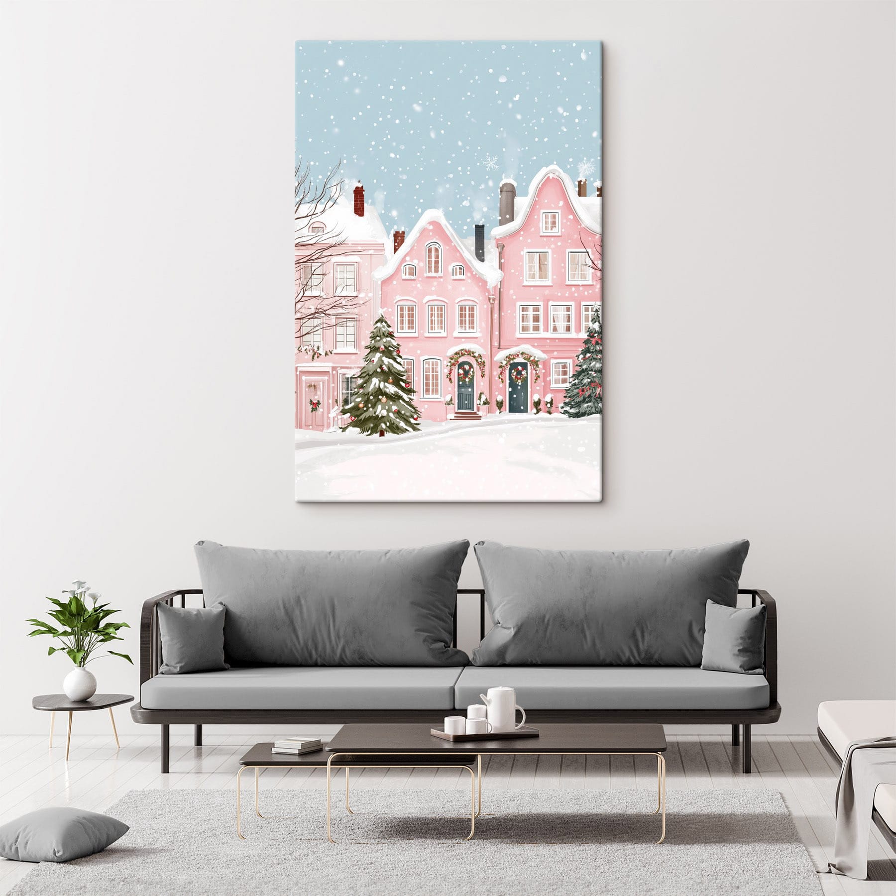 Pink house with snow on it