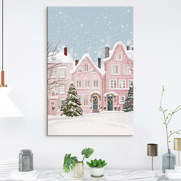 Roze huis met sneeuw erop Roze huis met sneeuw erop