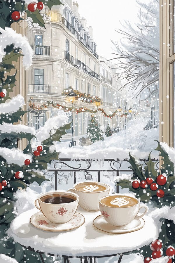 Een paar kopjes koffie op een balkon met sneeuw en gebouwen Een paar kopjes koffie op een balkon met sneeuw en gebouwen