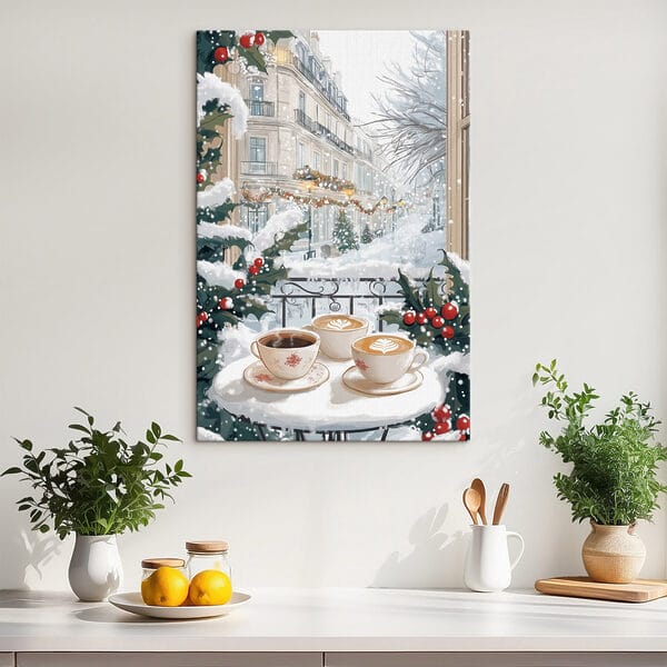 Een paar kopjes koffie op een balkon met sneeuw en gebouwen Een paar kopjes koffie op een balkon met sneeuw en gebouwen