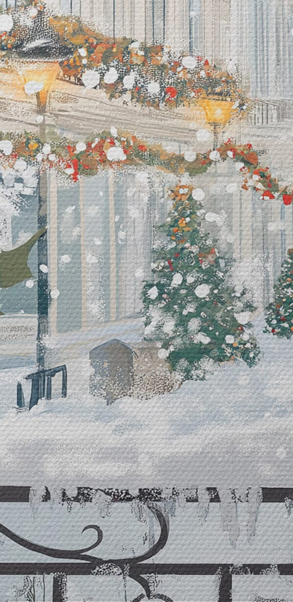 Een paar kopjes koffie op een balkon met sneeuw en gebouwen Een paar kopjes koffie op een balkon met sneeuw en gebouwen