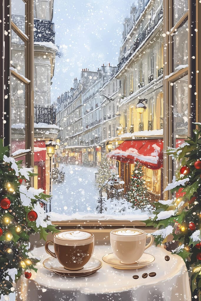 Window with two cups of coffee and trees in front of a street Window with two cups of coffee and trees in front of a street