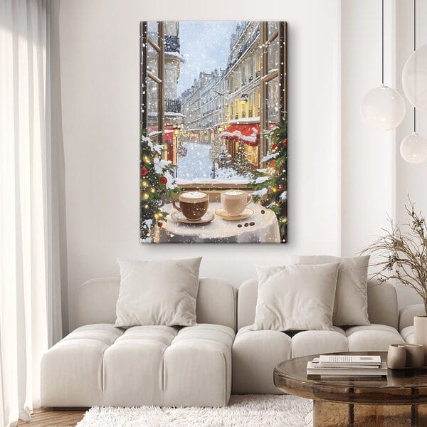 Raam met twee koppen koffie en bomen voor een straat Raam met twee koppen koffie en bomen voor een straat