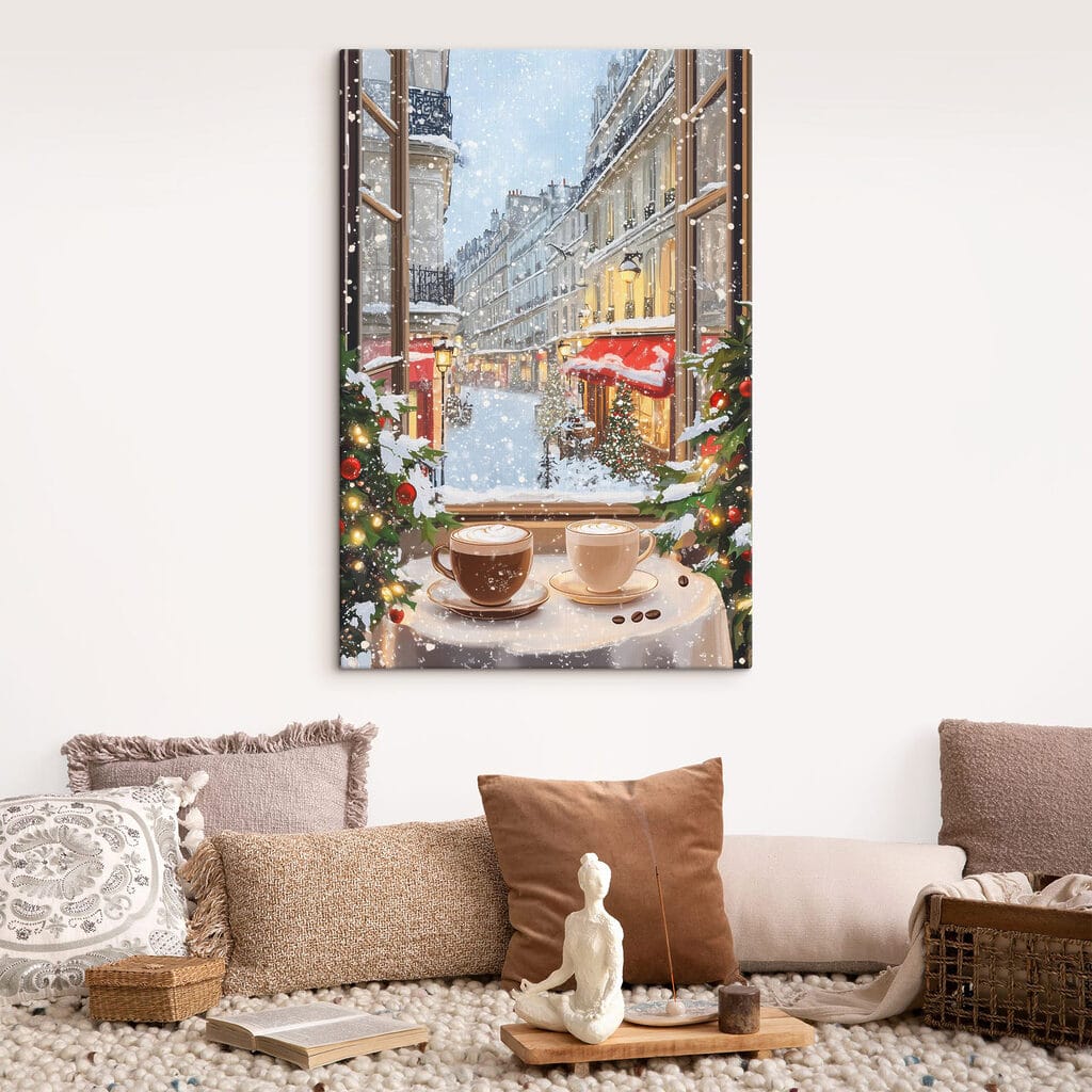 Window with two cups of coffee and trees in front of a street Window with two cups of coffee and trees in front of a street