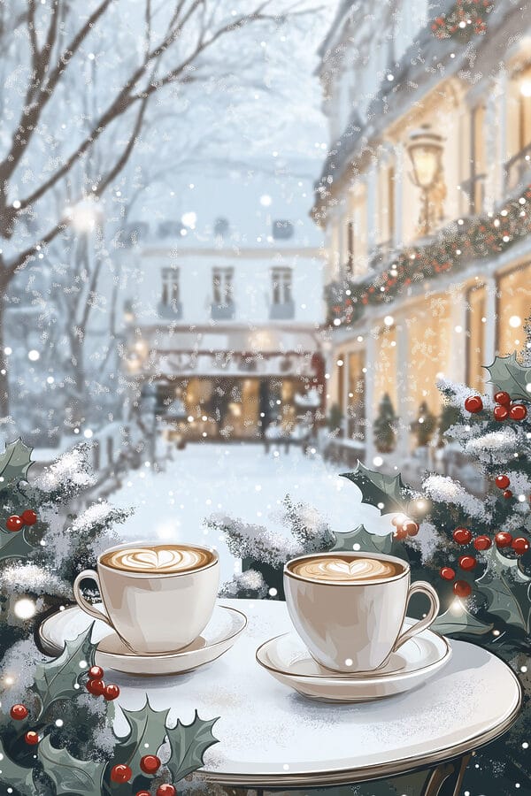 Twee kopjes koffie op een tafel voor een besneeuwde straat Twee kopjes koffie op een tafel voor een besneeuwde straat