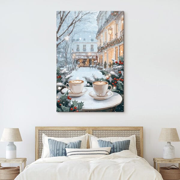 Twee kopjes koffie op een tafel voor een besneeuwde straat Twee kopjes koffie op een tafel voor een besneeuwde straat