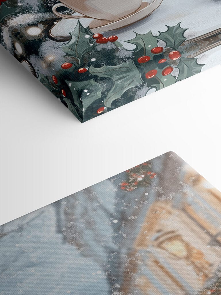 Two cups of coffee on a table in front of a snowy street Two cups of coffee on a table in front of a snowy street