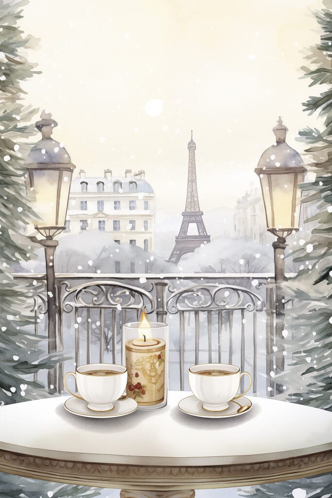 Painting of a tea set on a balcony with a tall tower in the background Painting of a tea set on a balcony with a tall tower in the background