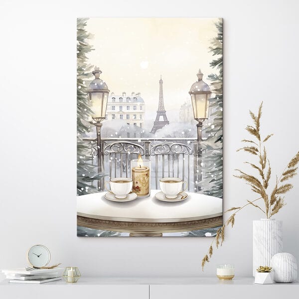 Schilderij van een theeservies op een balkon met een hoge toren op de achtergrond Schilderij van een theeservies op een balkon met een hoge toren op de achtergrond