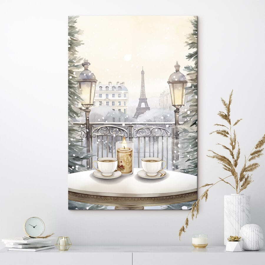 Schilderij van een theeservies op een balkon met een hoge toren op de achtergrond