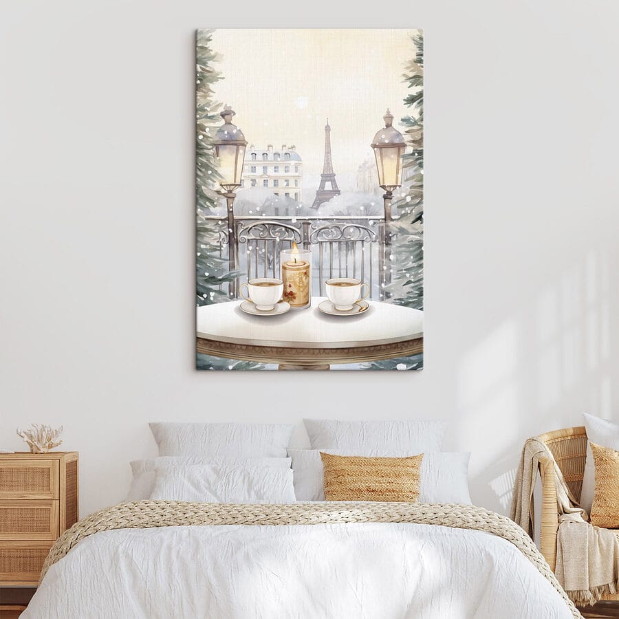 Schilderij van een theeservies op een balkon met een hoge toren op de achtergrond