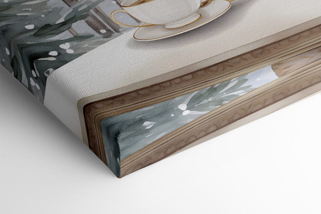 Painting of a tea set on a balcony with a tall tower in the background Painting of a tea set on a balcony with a tall tower in the background