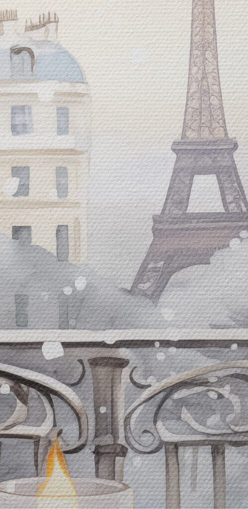 Painting of a tea set on a balcony with a tall tower in the background Painting of a tea set on a balcony with a tall tower in the background