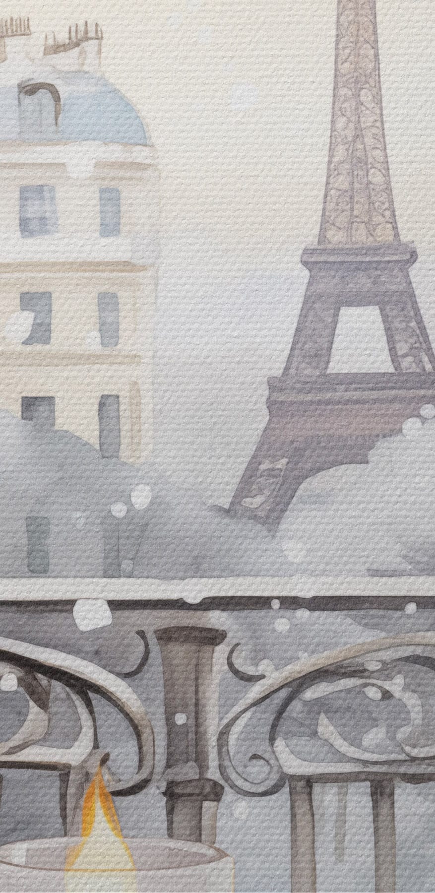 Schilderij van een theeservies op een balkon met een hoge toren op de achtergrond