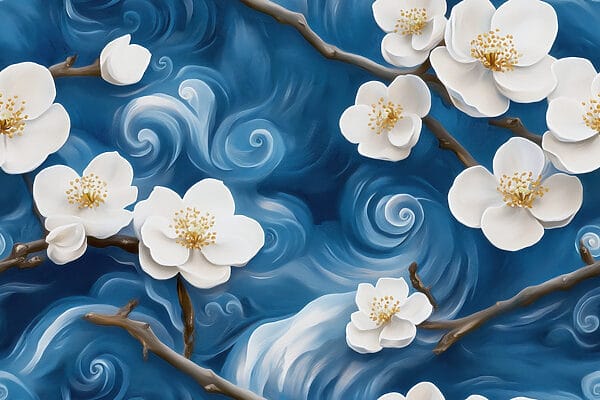 Delicate bloemen dansen op blauwe golven Delicate bloemen dansen op blauwe golven