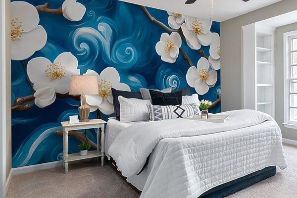Delicate bloemen dansen op blauwe golven Delicate bloemen dansen op blauwe golven