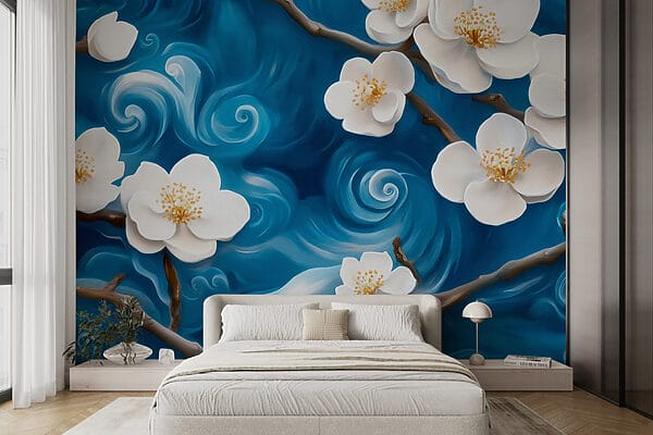 Delicate bloemen dansen op blauwe golven Delicate bloemen dansen op blauwe golven