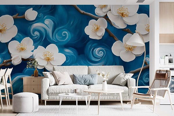 Delicate bloemen dansen op blauwe golven Delicate bloemen dansen op blauwe golven