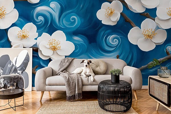 Delicate bloemen dansen op blauwe golven Delicate bloemen dansen op blauwe golven