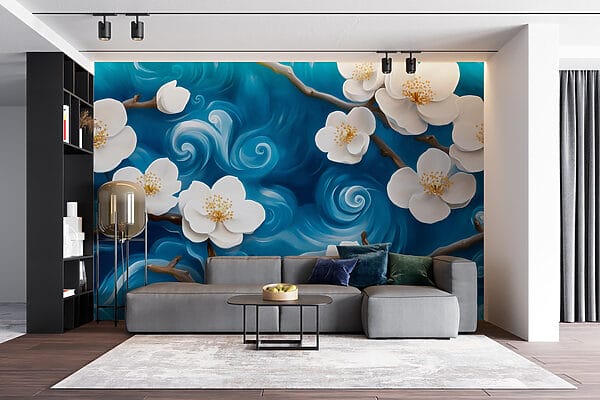 Delicate bloemen dansen op blauwe golven Delicate bloemen dansen op blauwe golven
