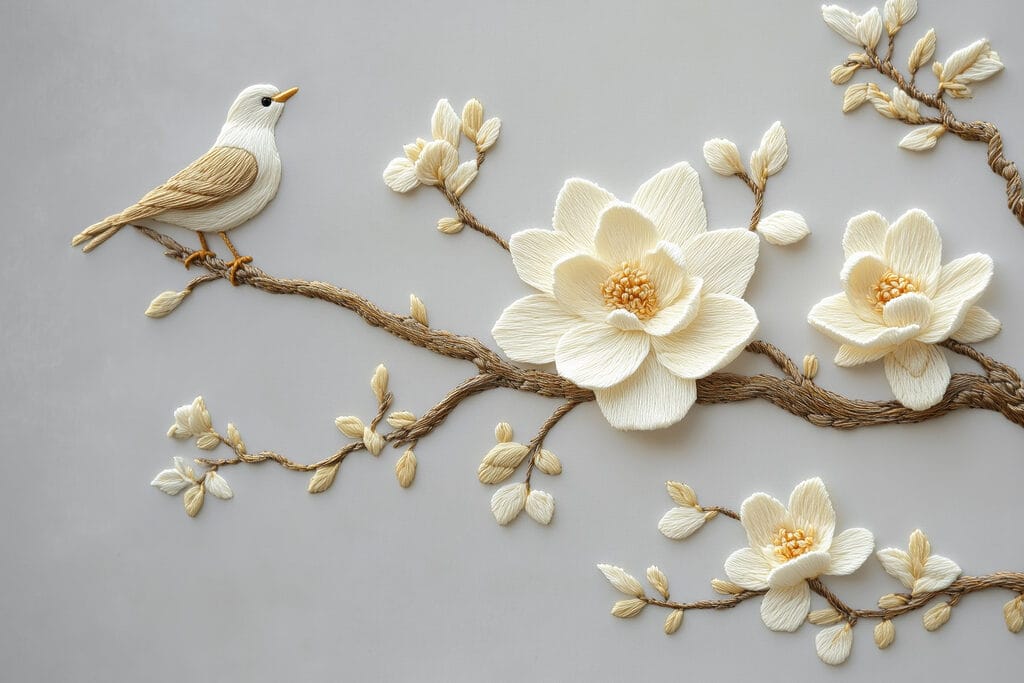 Vogel op een tak met bloemen Vogel op een tak met bloemen