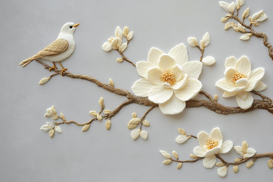 Vogel op een tak met bloemen