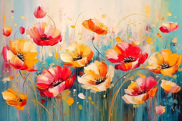 Schilderij van bloemen op een blauwe achtergrond Schilderij van bloemen op een blauwe achtergrond