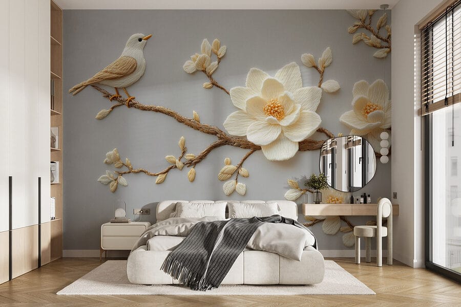 Vogel op een tak met bloemen