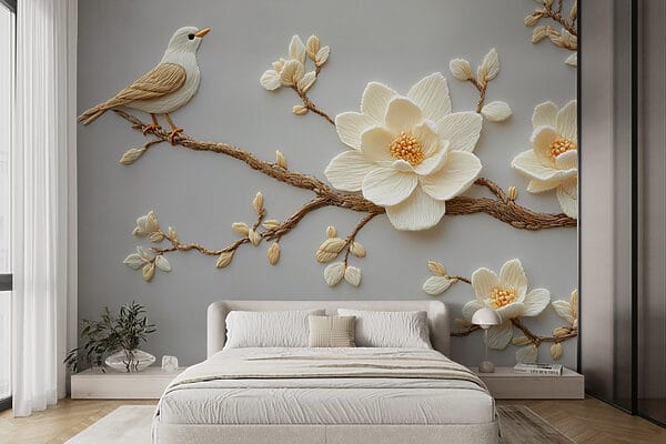 Vogel op een tak met bloemen Vogel op een tak met bloemen