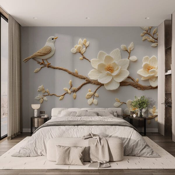 Vogel op een tak met bloemen Vogel op een tak met bloemen