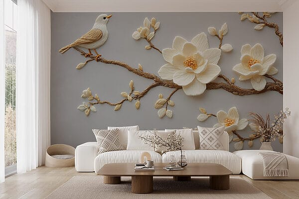 Vogel op een tak met bloemen Vogel op een tak met bloemen