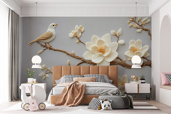 Vogel op een tak met bloemen Vogel op een tak met bloemen