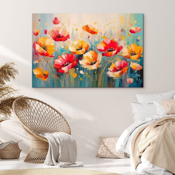 Schilderij van bloemen op een blauwe achtergrond Schilderij van bloemen op een blauwe achtergrond